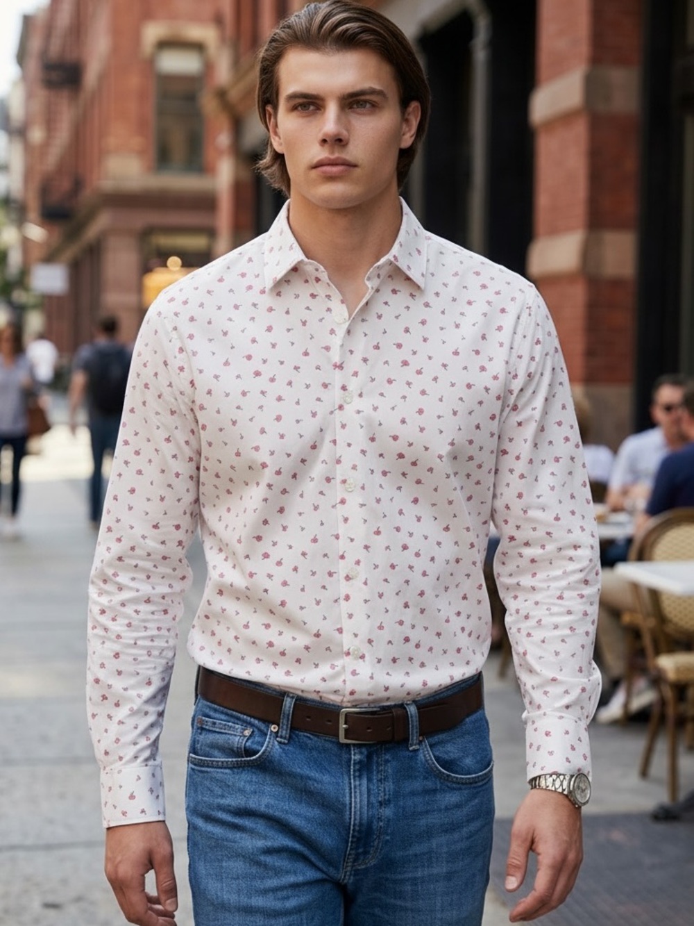 Bonobos White Button-Down Shirt with Pink Micro Floral Pattern